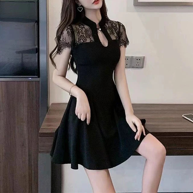 Summer Stand Collar Lace Patchwork Slim Dress