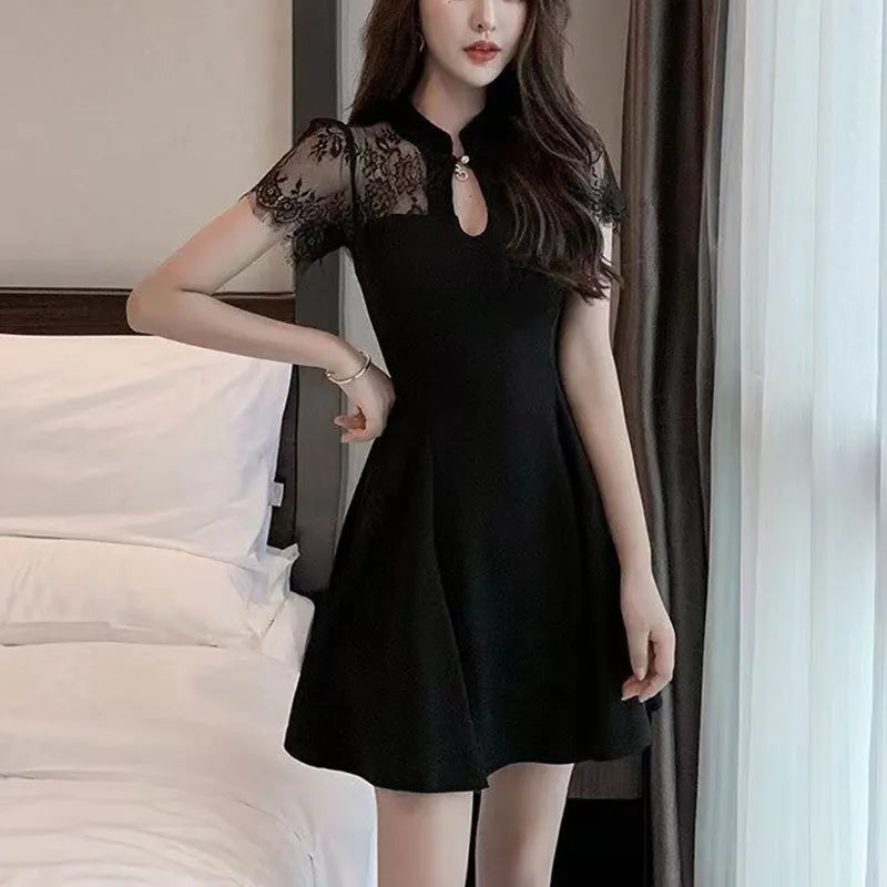 Summer Stand Collar Lace Patchwork Slim Dress