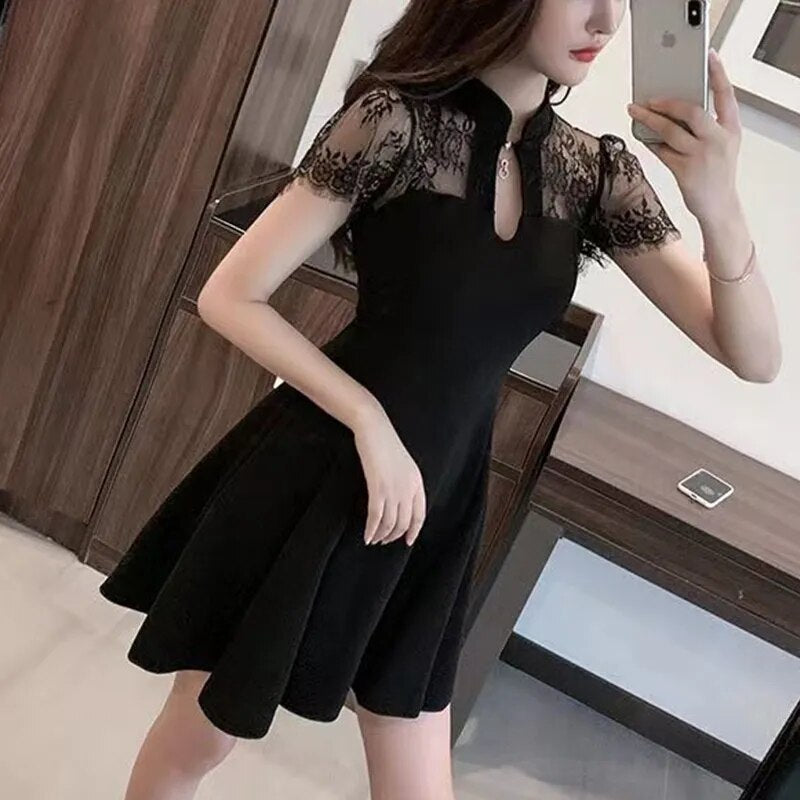 Summer Stand Collar Lace Patchwork Slim Dress