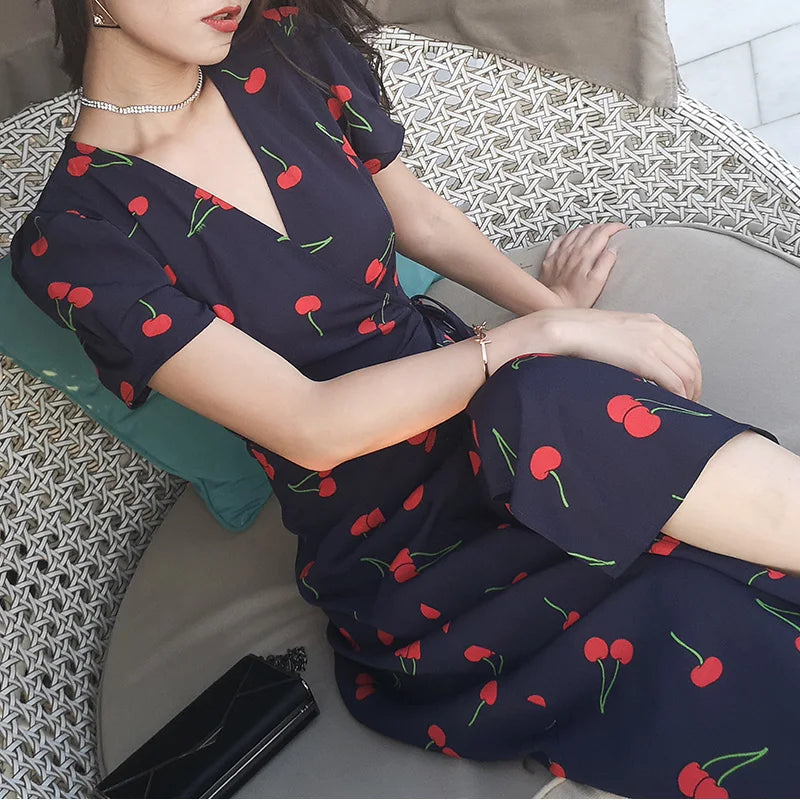 Vintage V-neck Cherry Print Summer Wrap Dress