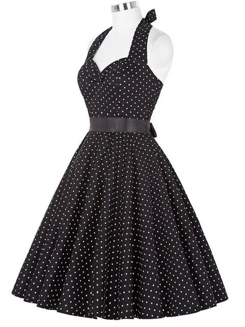 Vintage Summer  Polka Dot Print Halter  Dresses Vestidos