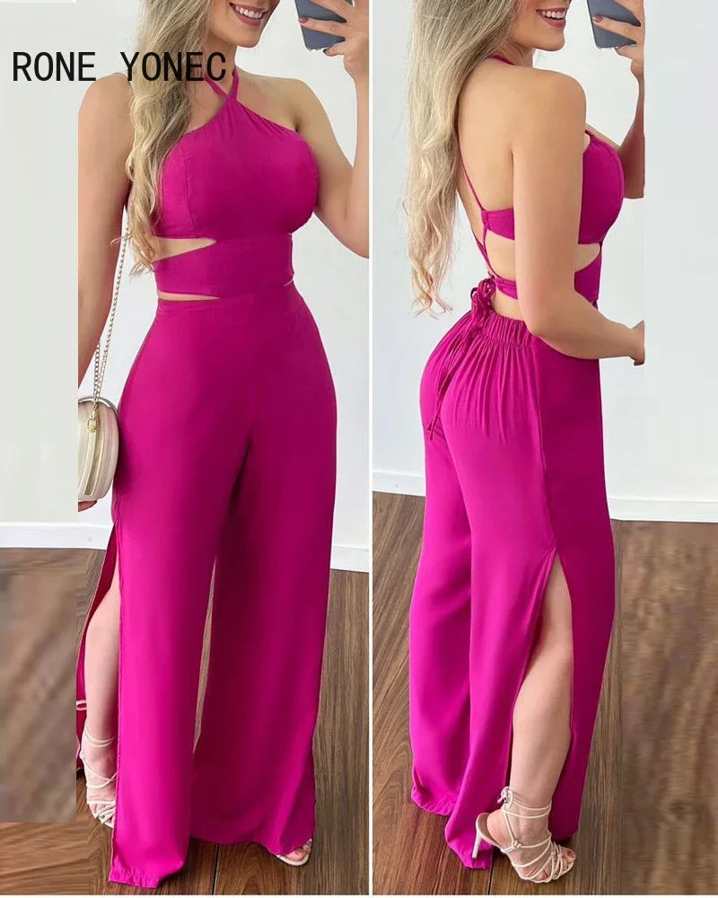 Solid Elegant Sexy Halter Cami Crop Top High Silt Elastic Waist  Jumpsuit