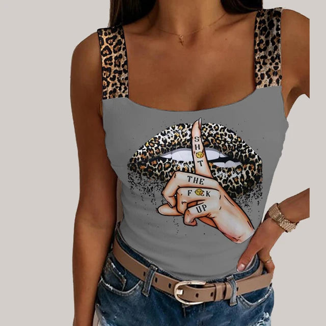 Leopard Lips Print Sleeveless Tank Tops