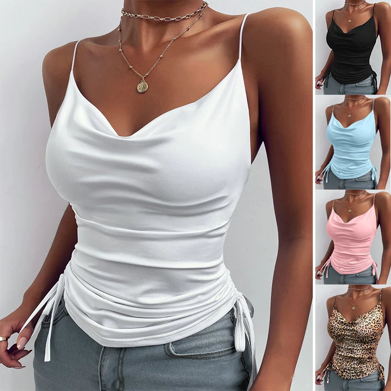 V Neck Camisole Drawstring Spaghetti Strap Tank  Top