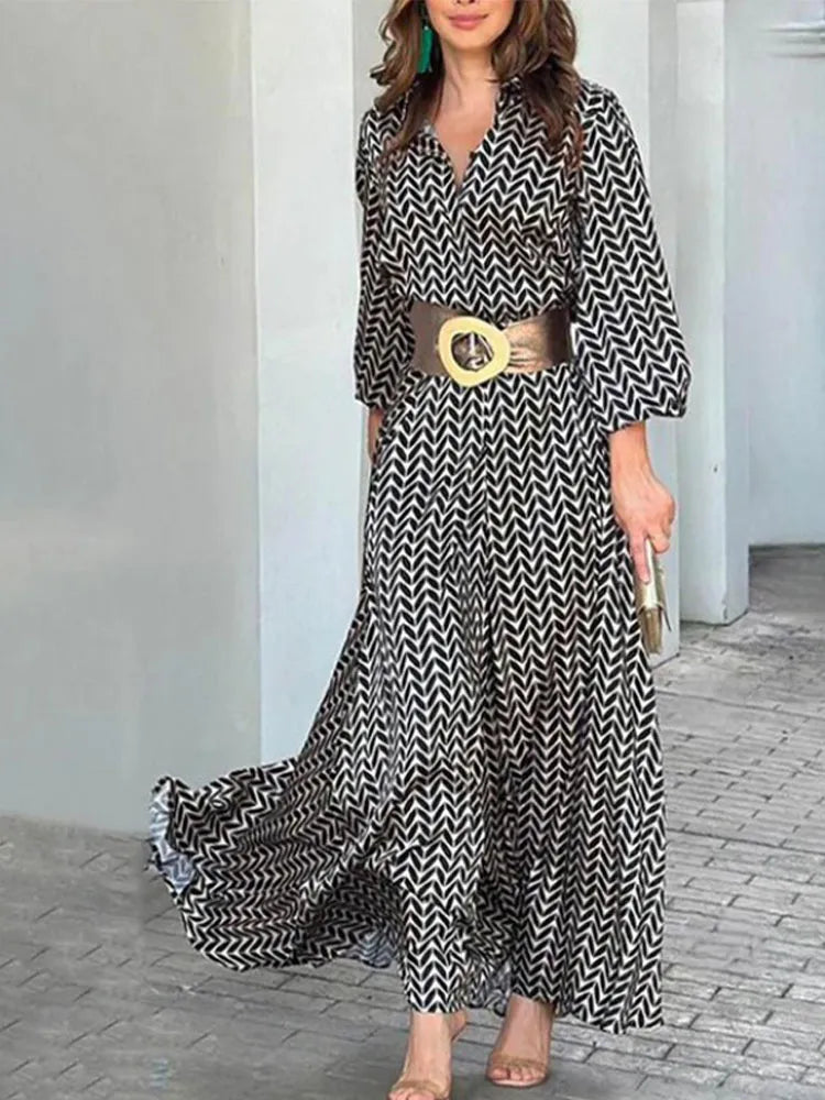 Summer Printed Belt Bodycon Maxi Dress