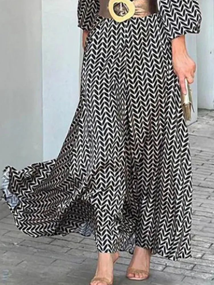 Summer Printed Belt Bodycon Maxi Dress