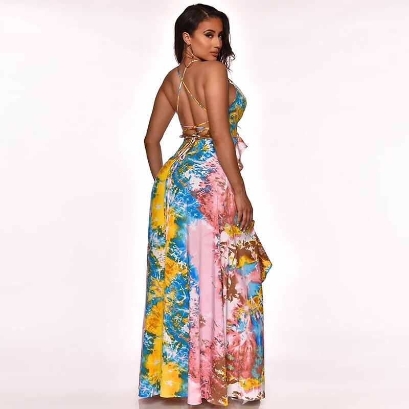 Floral Print High Slit Colorblock Ruffles Trim Backless Maxi Dress