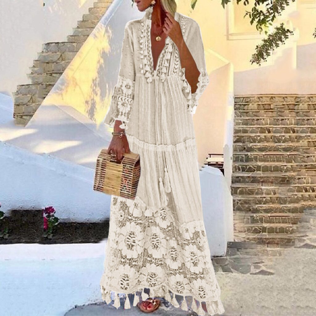 Summer Sexy Deep V-Neck  Tassel Lace Ankle -Length Maxi Dress