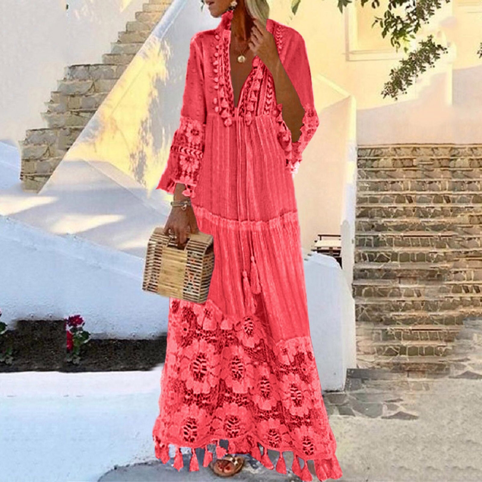 Summer Sexy Deep V-Neck  Tassel Lace Ankle -Length Maxi Dress