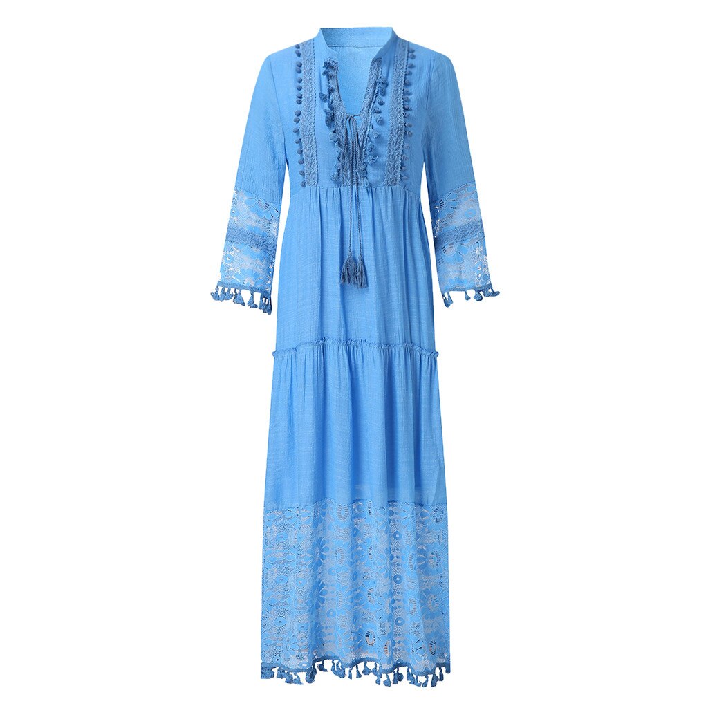 Summer Sexy Deep V-Neck  Tassel Lace Ankle -Length Maxi Dress