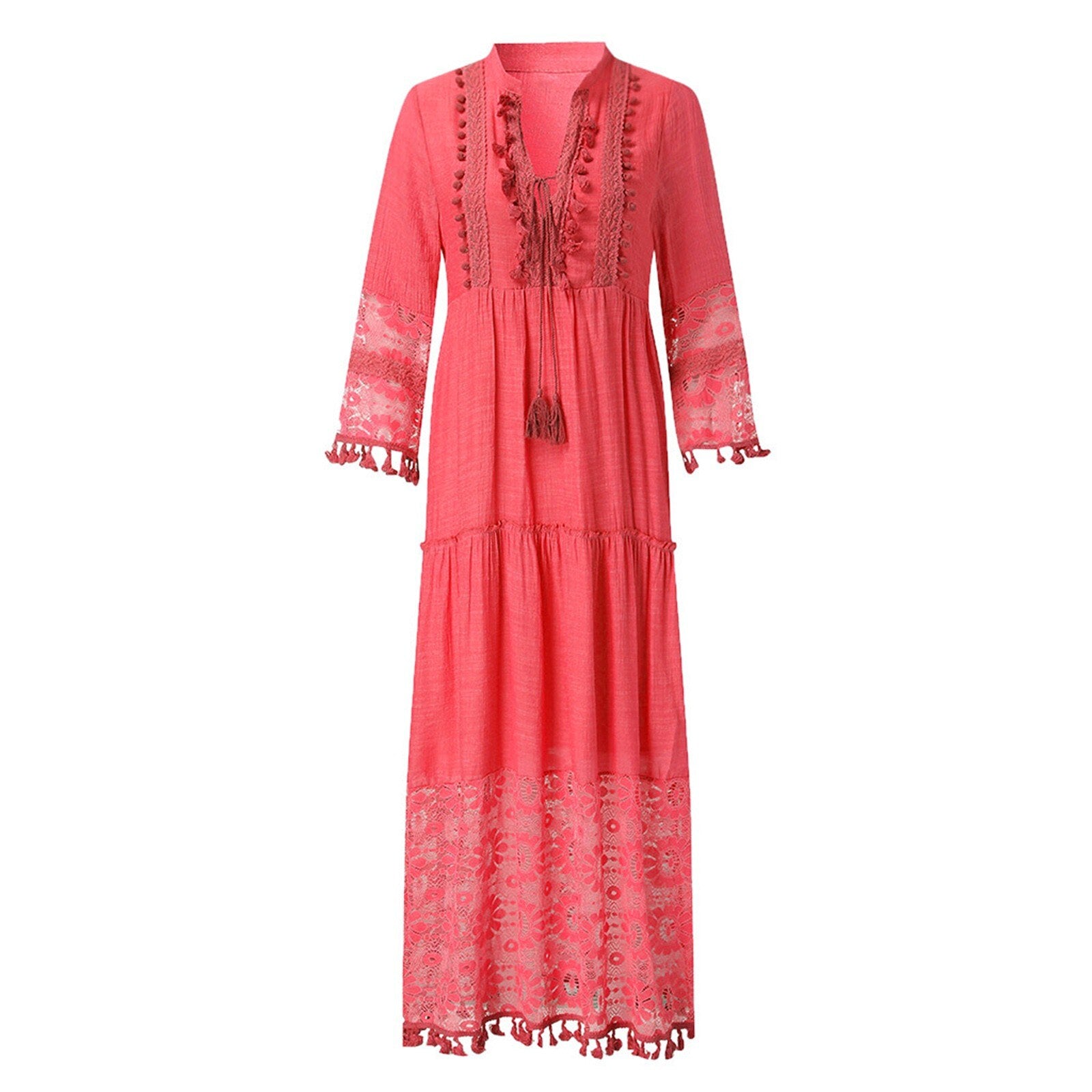 Summer Sexy Deep V-Neck  Tassel Lace Ankle -Length Maxi Dress