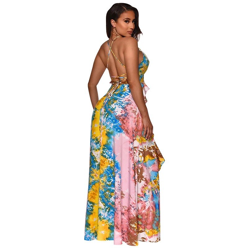 Floral Print High Slit Colorblock Ruffles Trim Backless Maxi Dress
