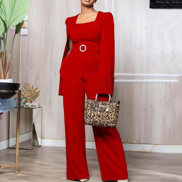 High Quality Beaded Elegant Wedding Party Flying Sleeve High Waisted Jumpsuits