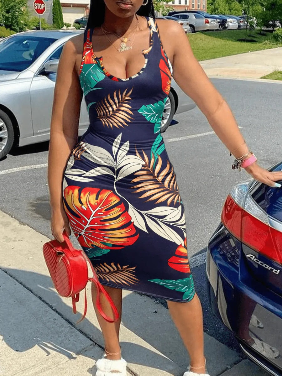 Floral Print Bodycon Cami Midi Dress