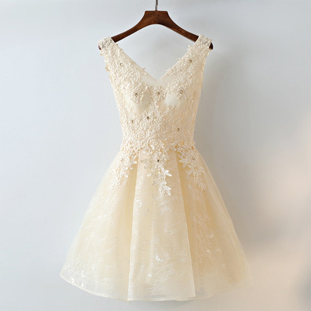 Short V-Neck Appliques Beading Lace Dress