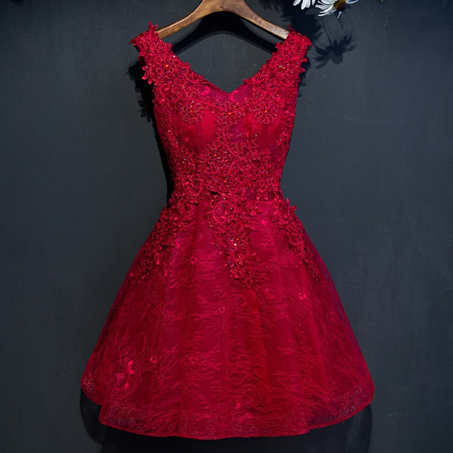 Short V-Neck Appliques Beading Lace Dress