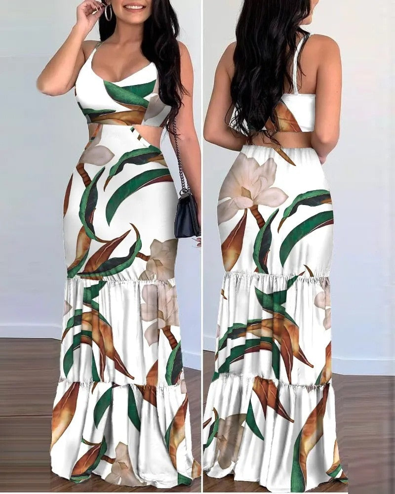 SummerElegant Print Fashion Floral Sexy Backless Boho Maxi Ruffle Long Slim Beach Sheath Dress