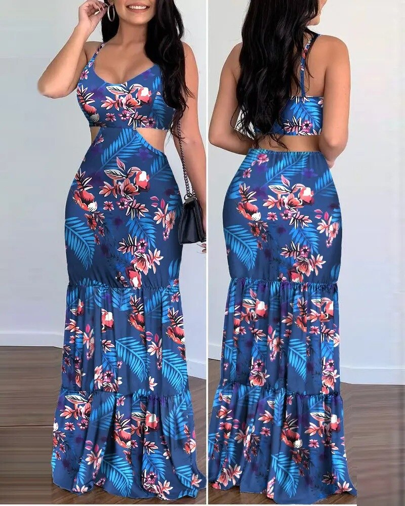 SummerElegant Print Fashion Floral Sexy Backless Boho Maxi Ruffle Long Slim Beach Sheath Dress