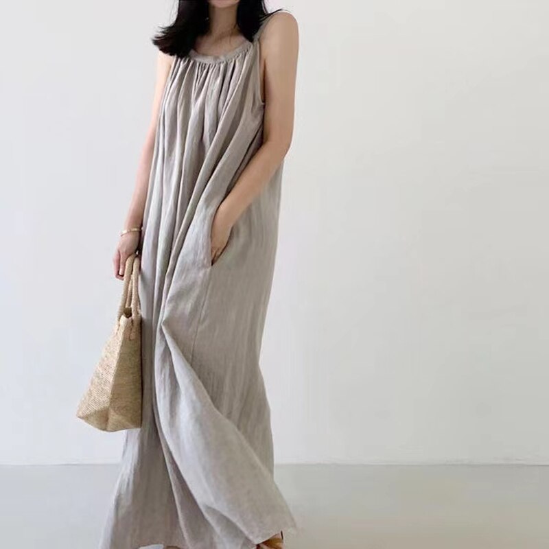 Summer Strappy Solid Cotton Linen Maxi Dress