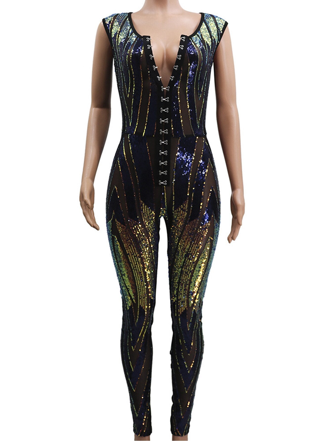 Sexy Black Sequin Wrap Bodycon Summer Jumpsuits