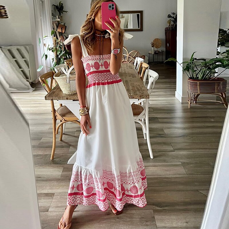 Summer Lace Up Print Sweet Bohemian Style Dress