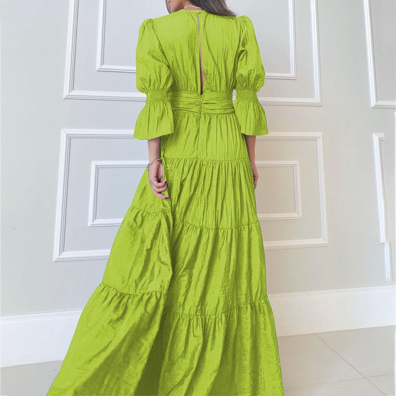 Summer Slim A-Line Pleated V-Neck Puff Sleeve Hollow Long Dress