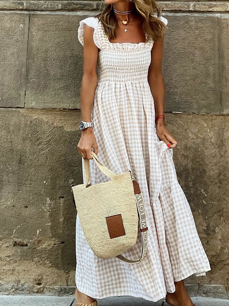 Summer Off The Shoulder Boho Slash Neck Flare Sleeve Maxi Dress