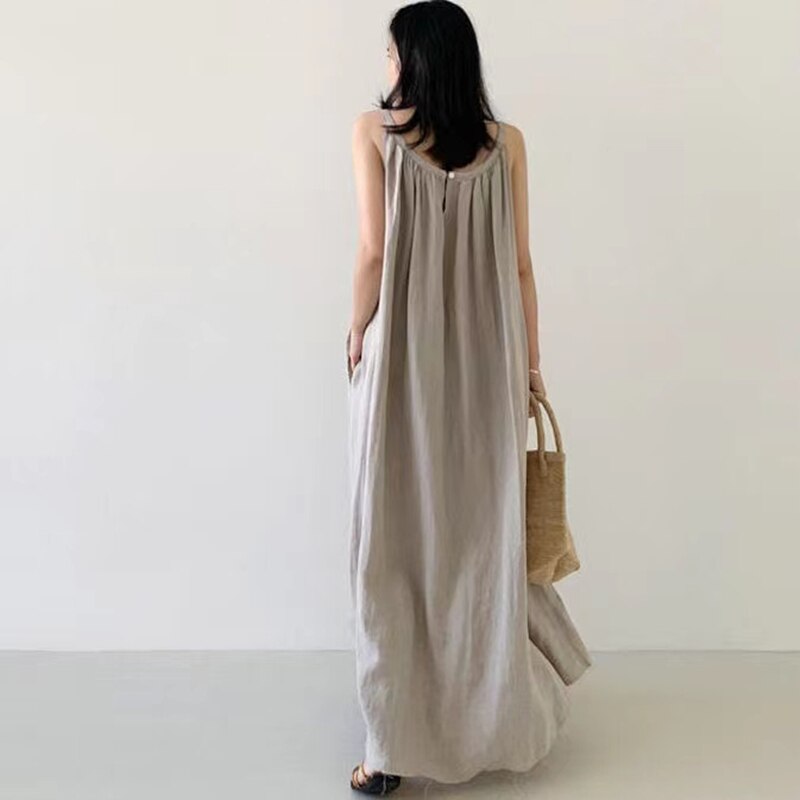 Summer Strappy Solid Cotton Linen Maxi Dress