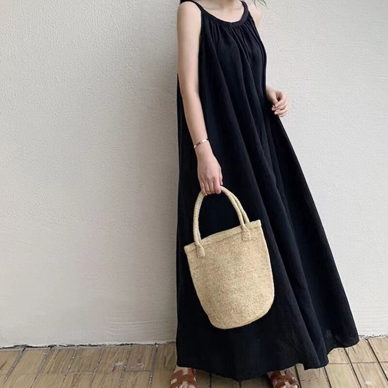 Summer Strappy Solid Cotton Linen Maxi Dress