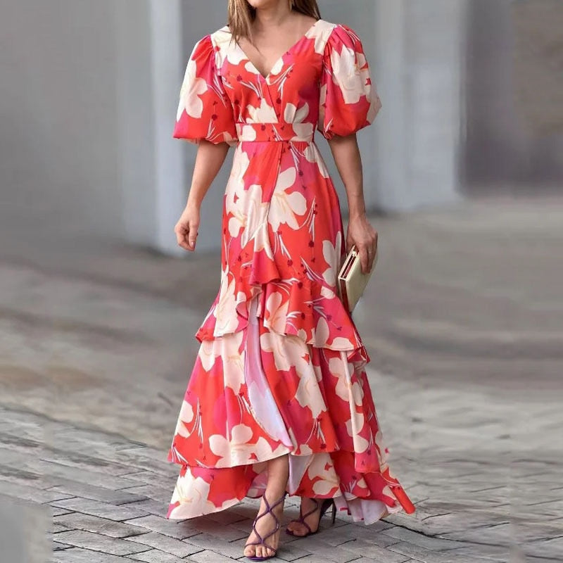 Summer Pattern Print Puff Sleeve  V Neck High Waist Dress