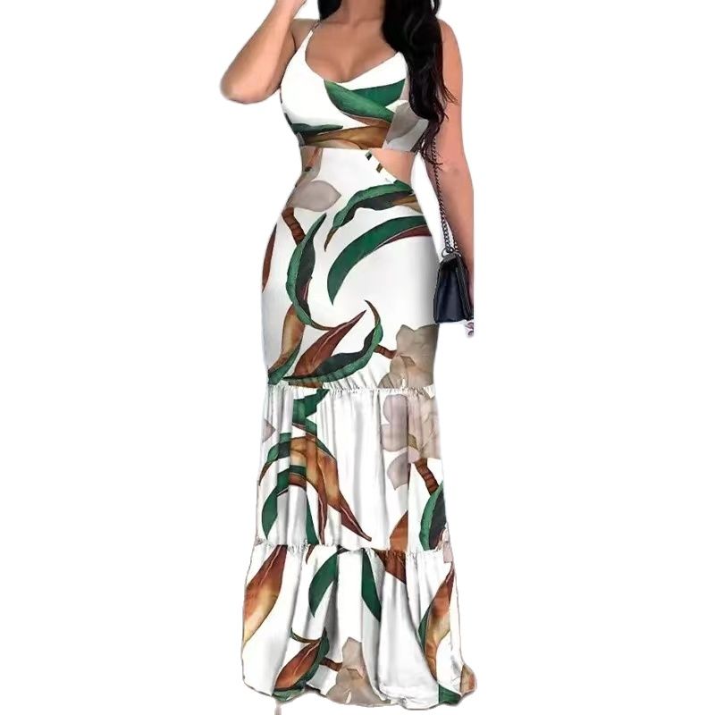 SummerElegant Print Fashion Floral Sexy Backless Boho Maxi Ruffle Long Slim Beach Sheath Dress