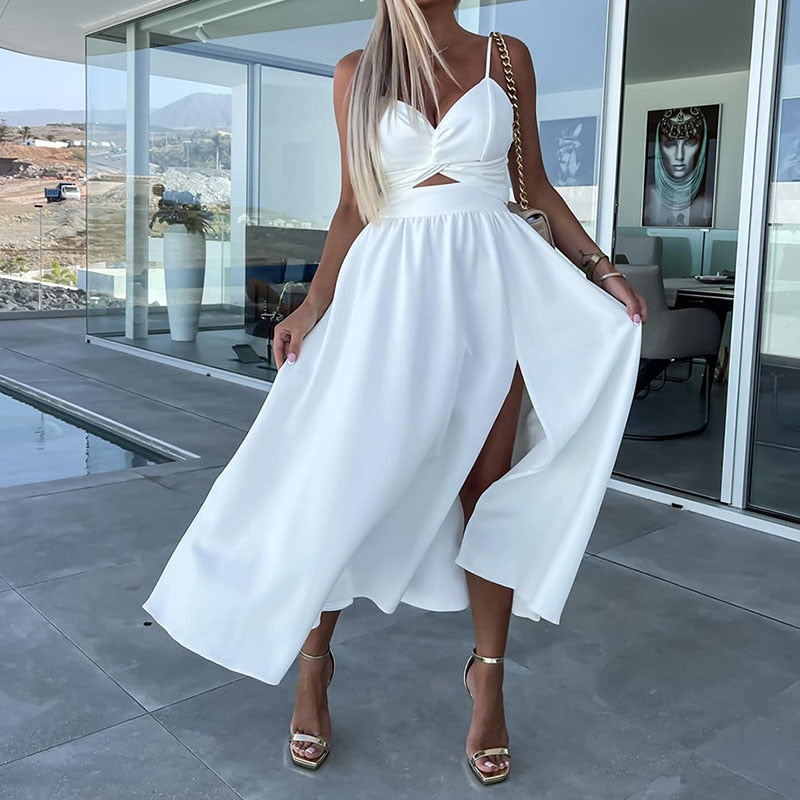 Summer V-neck Backless Twist Design Hollow Out Sling Dress