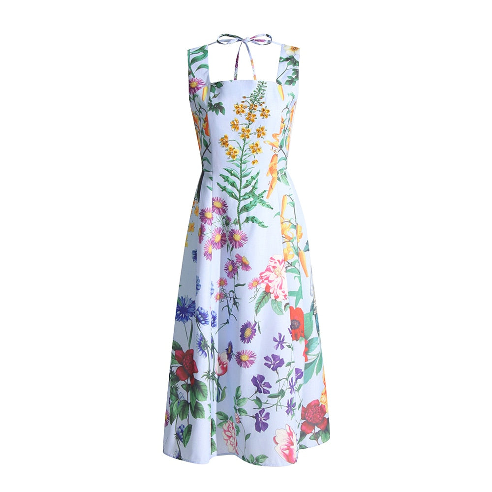 Summer Square Collar Sleeveless High Waist Print Colorblock Midi Dresses