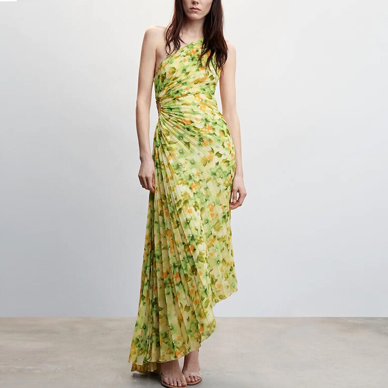 Summer Floral Print One Shoulder Pleated Design Sexy Backless Long Dress