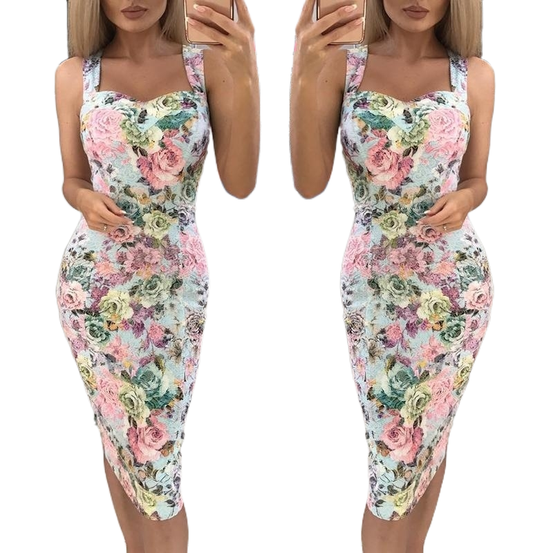 Fashion Rose Print Floral Print Pencil Bodycon Party Dress