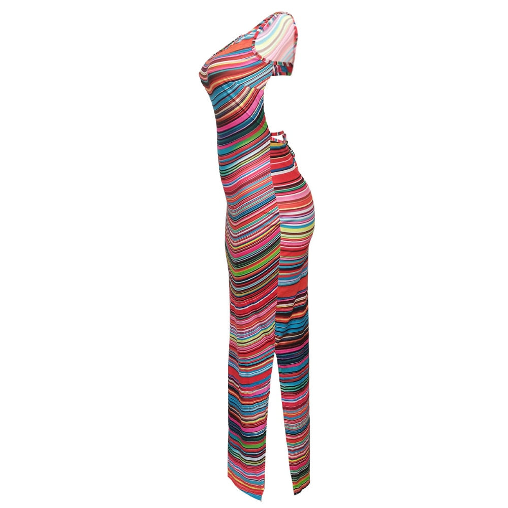 Summer Sleeveless U Neck Hollow Beautiful Colorful Striped Print Dress