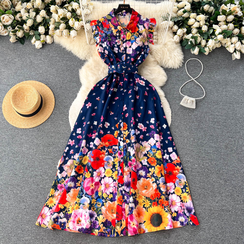 Summer Sleeveless Ruffles Single Breasted High Waist Belt Floral Print Maxi Dress