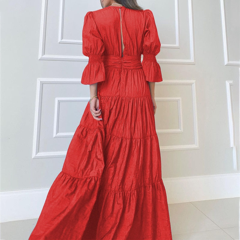 Summer Slim A-Line Pleated V-Neck Puff Sleeve Hollow Long Dress