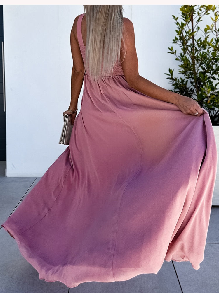 Summer Fashion V-neck Sleeveless Solid Beach Maxi Dress