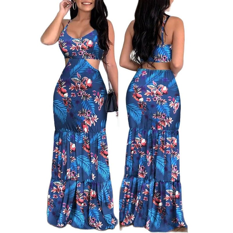 SummerElegant Print Fashion Floral Sexy Backless Boho Maxi Ruffle Long Slim Beach Sheath Dress