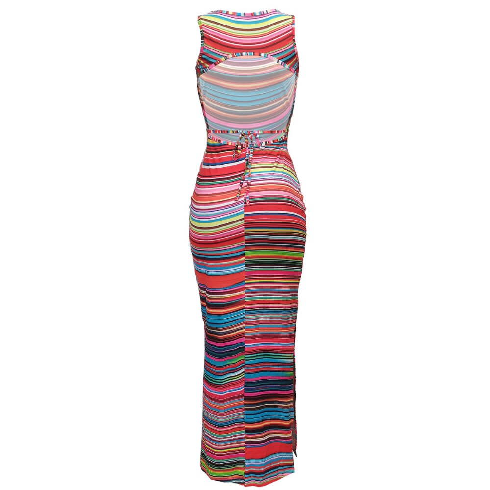 Summer Sleeveless U Neck Hollow Beautiful Colorful Striped Print Dress