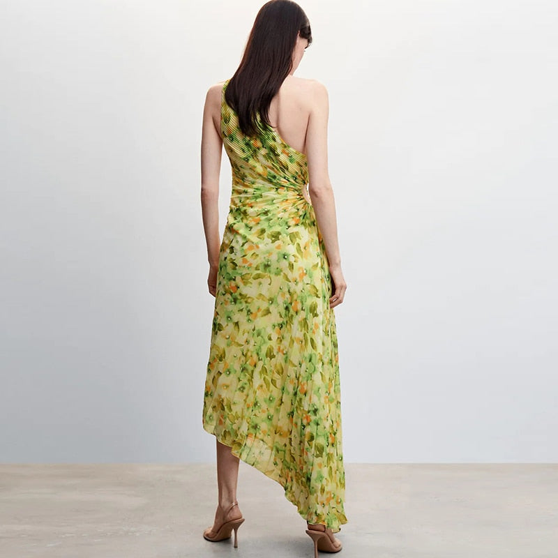 Summer Floral Print One Shoulder Pleated Design Sexy Backless Long Dress