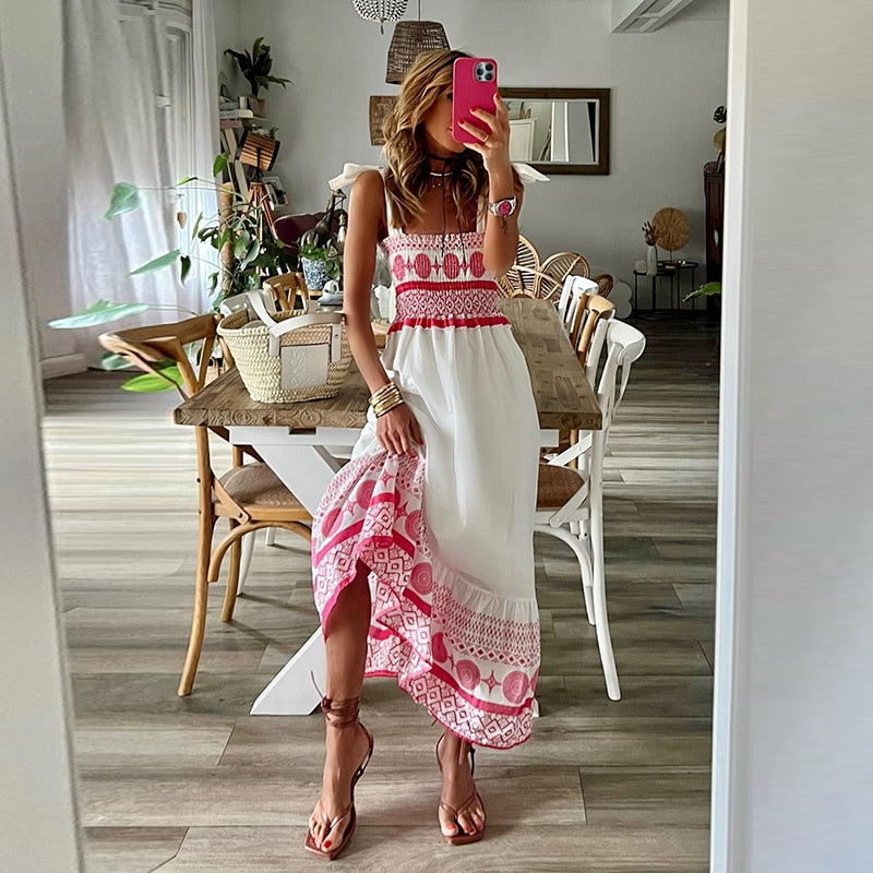 Summer Lace Up Print Sweet Bohemian Style Dress