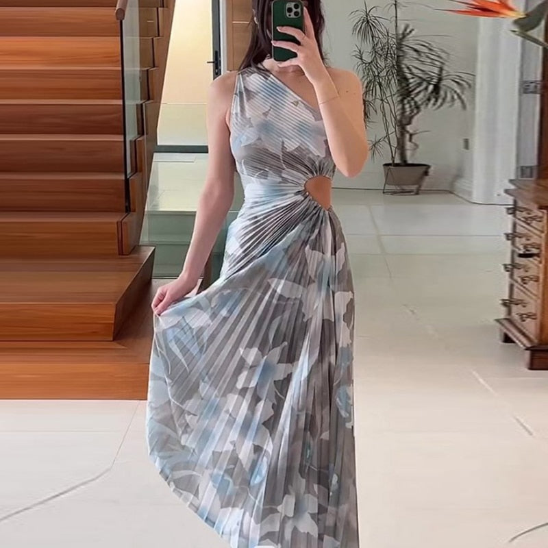 Summer Floral Print One Shoulder Pleated Design Sexy Backless Long Dress