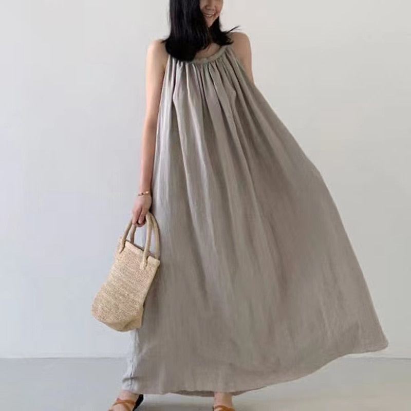 Summer Strappy Solid Cotton Linen Maxi Dress