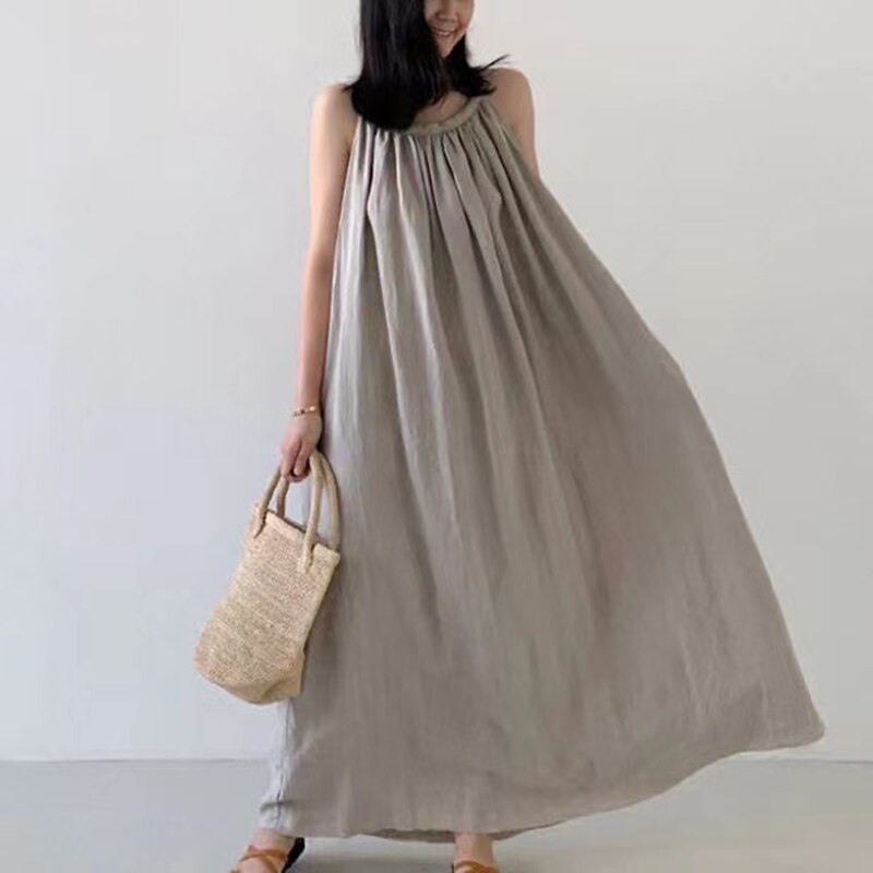 Summer Strappy Solid Cotton Linen Maxi Dress