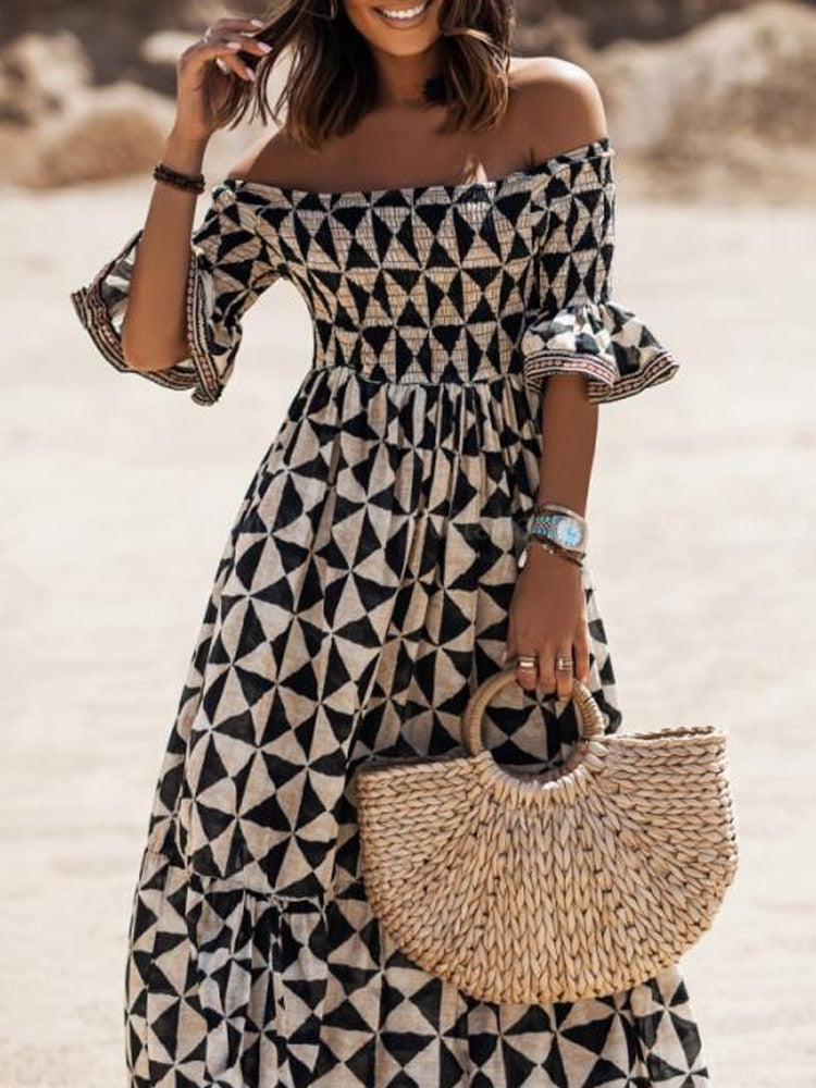 Summer Off The Shoulder Boho Slash Neck Flare Sleeve Maxi Dress