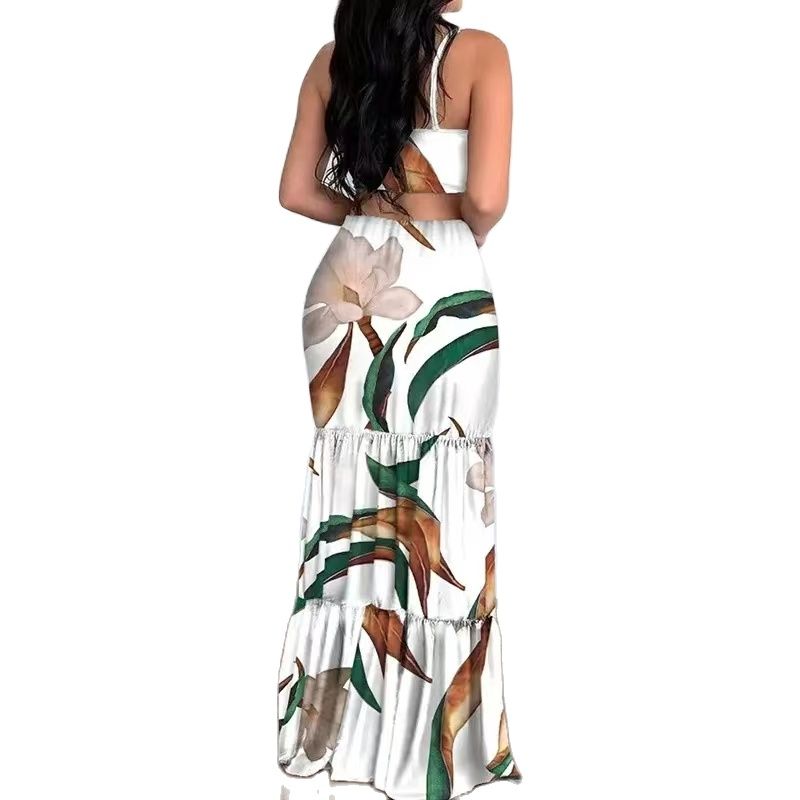 SummerElegant Print Fashion Floral Sexy Backless Boho Maxi Ruffle Long Slim Beach Sheath Dress