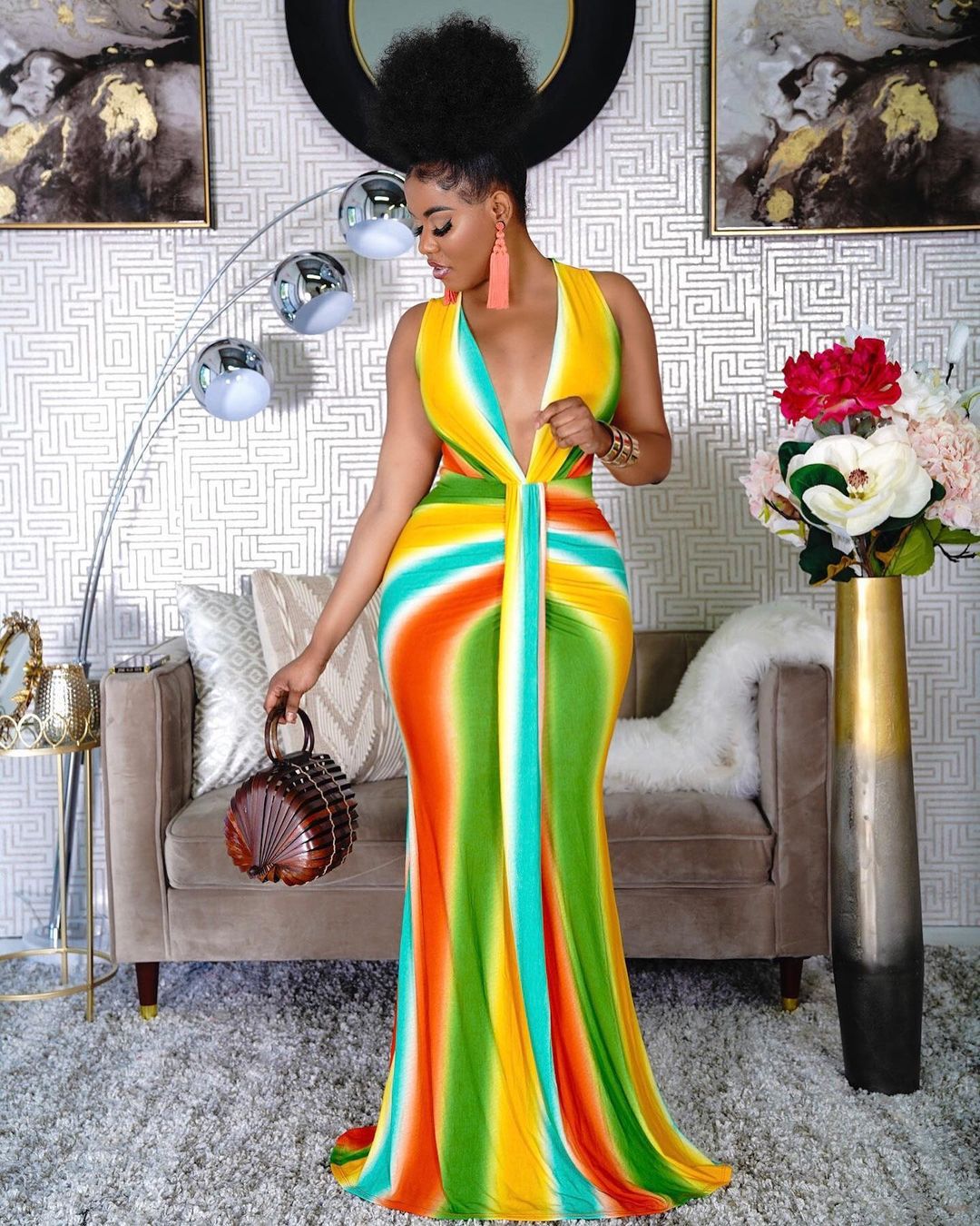 Fashion Print African High Waist V-neck Maxi Dress