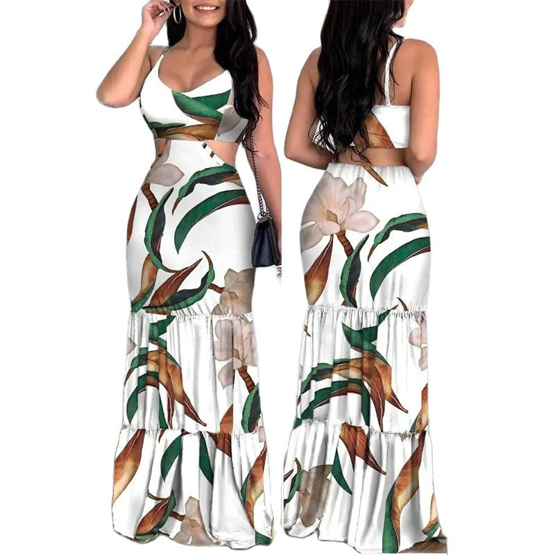 SummerElegant Print Fashion Floral Sexy Backless Boho Maxi Ruffle Long Slim Beach Sheath Dress